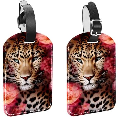 FVQL Set di 2 etichette per bagagli leggere su entrambi i lati, per donne e uomini, etichetta per valigie, divertente leopardo con fiore