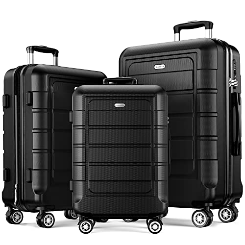 SHOWKOO Set di Valigie Rigide 3 Pezzi Espandibile ABS+PC Leggero Ultra Durevole Valigia Trolley da Viaggio con Chiusura TSA e 4 Ruote Doppie (M-L-XL, Nero)