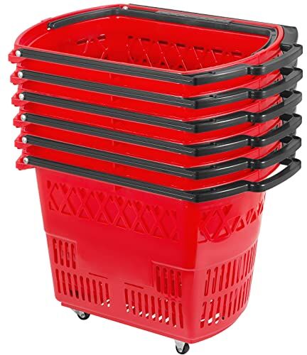 VEVOR Carrelli della Spesa Rosso 6 Pezzi, Cestino della Spesa in Plastica con Ruote Carico max. 34 kg, Cestini della Spesa con Manici, Set di 6 Cestini della Spesa Portatile per Negozio Supermercato