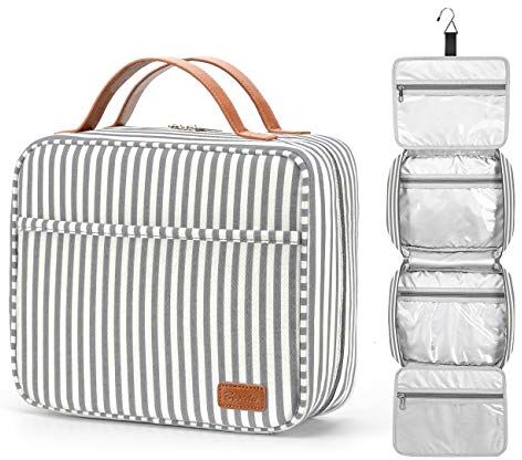 Bosidu Beauty Case da Viaggio da Appendere, Borsa da Toilette per Donna Uomo Beauty Case Grande Borsa Impermeabile per Cosmetici con 4 Scomparti e 1 Gancio Robusto (Grigio e bianco a strisce)