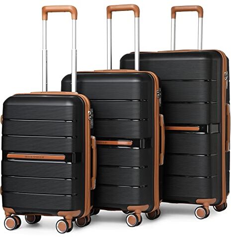 British Traveller Set di Valigie Rigide 3 Pezzi Trolley PP Leggero con TSA Lucchetto (20+24+28pollici, Nero)