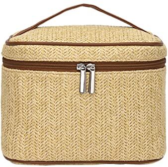 Altsuceser Grande borsa da toilette per le donne, paglia design cosmetico borsa organizer con manico, borsa da viaggio multi-griglia portatile per articoli da toeletta, accessori da viaggio cachi