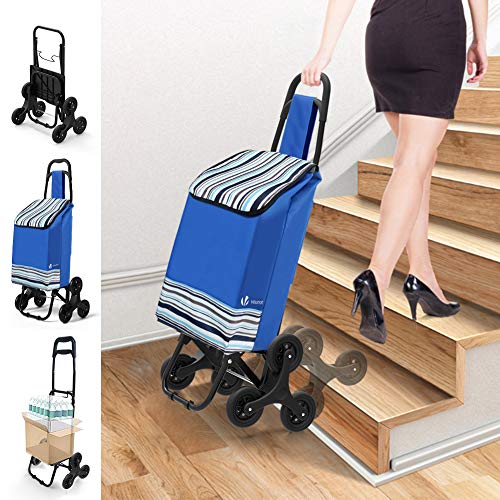 VOUNOT Carrello Spesa Tre Ruote Pieghevole, Carrello Portaspesa Richiudibile, Saliscale, Borsa Impermeabile Rimovibile, Blu