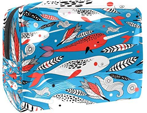 TIZORAX Marine White Red Whale Feather Conch Pattern Trousse cosmetici in PVC Trousse da viaggio per articoli da toeletta pratico organizer per donne