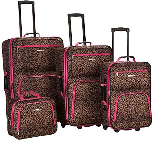 Rockland Jungle Softside Set di valigie verticali, Rosa leopardato., 4-Piece Set (14/29/24/28), Jungle Softside Set di valigie verticali