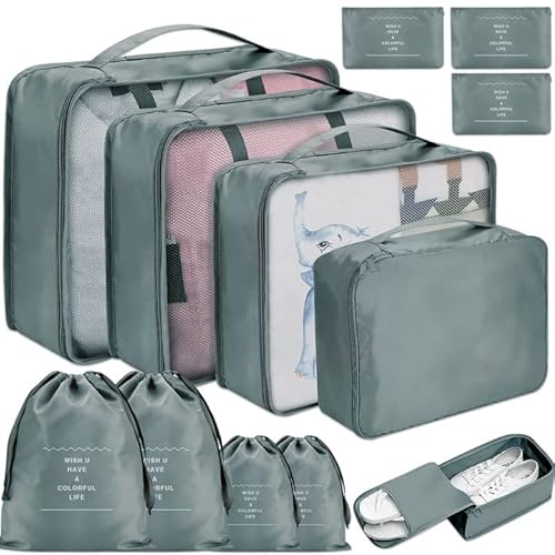 MOOING 12 Pezzi Organizer Valigie Viaggio Set, Sistema di Cubo di Viaggio,Separatori Buste Viaggio Travel Organizer,Packing Cubes,Valigia di Stoccaggio Set per Vestiti,Scarpe,Intimo（Grigio）