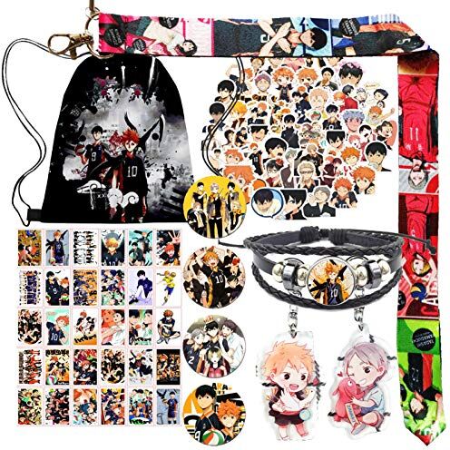 SMMUSEN Anime Haikyuu Set regalo per tifosi, con coulisse, 1 braccialetto, 1 cordino, 2 portachiavi, 4 perni a bottone, 30 carte Lomo, 50 adesivi