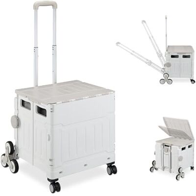 Relaxdays Carrello per Spesa Montascale, 50 kg Carico, Manico e Coperchio, Carrellino Trolley Portaspesa, Bianco Grigio Relaxdays Carrello per Spesa Montascale, 50 kg Carico, Manico e Coperchio, Carrellino Trolley Portaspesa, Bianco Grigio