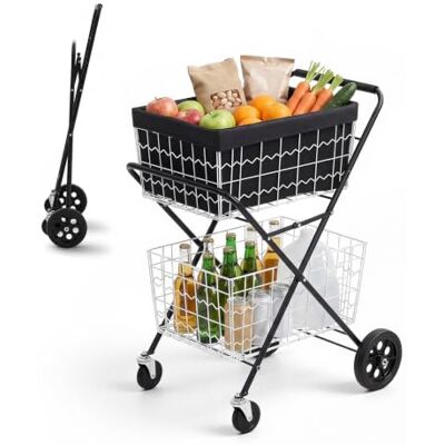 VEVOR Carrello della Spesa Pieghevole a 2 Livelli con Ruote Portata 40 kg Carrello Robusto con Struttura a Spinta, 2 Cestini Rimovibili, Ruote Piroettanti a 360°, per Spesa, Magazzino e Supermercato VEVOR Carrello della Spesa Pieghevole a 2 Livelli con Ruote Portata 40 kg Carrello Robusto con Struttura a Spinta, 2 Cestini Rimovibili, Ruote Piroettanti a 360°, per Spesa, Magazzino e Supermercato