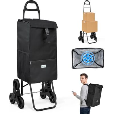 VOUNOT ® Carrello Spesa Pieghevole con 3 Ruote per Scale, Carrello Portaspesa con Borsa Termico, 40 L, Nero VOUNOT ® Carrello Spesa Pieghevole con 3 Ruote per Scale, Carrello Portaspesa con Borsa Termico, 40 L, Nero