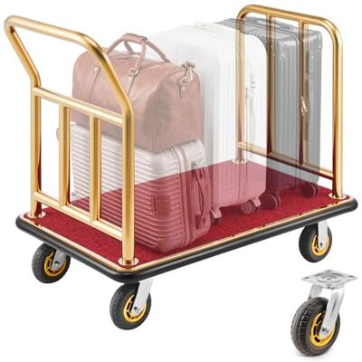 VEVOR Carrello Portabagagli per Hotel, Portata Max 340 kg, Carrello Bagagli Hotel con Telaio in Acciaio Inox, Ruote in Gomma da 152 mm, Pianale Rivestito in Moquette Rossa, per Alberghi e Resort, Oro VEVOR Carrello Portabagagli per Hotel, Portata Max 340 kg, Carrello Bagagli Hotel con Telaio in Acciaio Inox, Ruote in Gomma da 152 mm, Pianale Rivestito in Moquette Rossa, per Alberghi e Resort, Oro