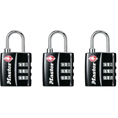 Master Lock Lucchetto per bagagli, approvato dalla TSA, colore nero, con corpo largo e grillo in acciaio sottile e resistente, chiusura con cerniera per zaini, bagagli, confezione da 3, Master Lock Lucchetto per bagagli, approvato dalla TSA, colore nero, con corpo largo e grillo in acciaio sottile e resistente, chiusura con cerniera per zaini, bagagli, confezione da 3,