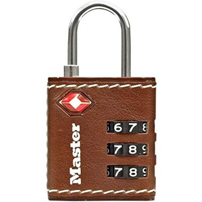 Master Lock Lucchetto per bagagli in alluminio approvato dalla TSA, Pelle Marrone, 5.5 x 3 x 2.6 cm Master Lock Lucchetto per bagagli in alluminio approvato dalla TSA, Pelle Marrone, 5.5 x 3 x 2.6 cm