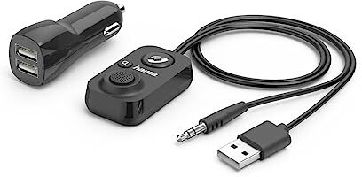 Hama Vivavoce Bluetooth per auto con ingresso AUX (con caricatore USB a 2 vie, telefonare e ascoltare musica tramite altoparlante auto, adattatore jack da 3,5 mm, auto audio, Bluetooth 5.1)