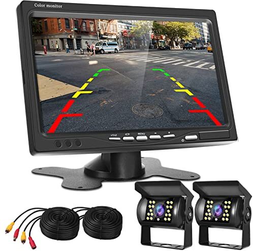 podofo Kit Telecamera Retromarcia per Auto, 7'' Monitor con Schermo LCD HD, Telecamera Posteriore 18 LED IR Impermeabile IP68 Visione Notturna, per Autobus, Camion, Rimorchi, con 15 m di Cavo