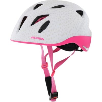 ALPINA XIMO L.E. – Casco da bici leggero, sicuro e resistente agli urti con luce LED opzionale per bambini white pink dots matt 47-51 ALPINA XIMO L.E. – Casco da bici leggero, sicuro e resistente agli urti con luce LED opzionale per bambini white pink dots matt 47-51