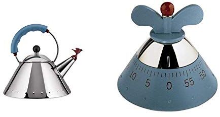 Alessi 9093 Bollitore con Manico e Fischietto a Uccellino di Design in Acciaio Inox, Azzurro & Kitchen Timer A09 Timer da Cucina di Design con Movimento Meccanico in Resina Termoplastica, Azzurro