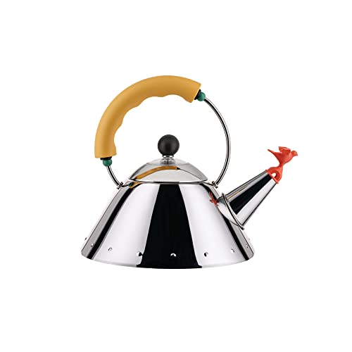 Alessi Kettle  Bollitore di Design, Adatto a Cottura ad Induzione, Fondo in Acciaio Inossidabile Lucido 18/10 con Manico e Fischietto a Uccellino in PA, Giallo, 100cl