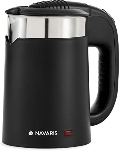 Navaris Mini Bollitore Acqua da Viaggio 0,5L Boiler Piccolo Elettrico Portatile in Acciaio Inox 16x11x17cm 1100 Watt con 2 Tazze Camping Facili da Lavare Nero