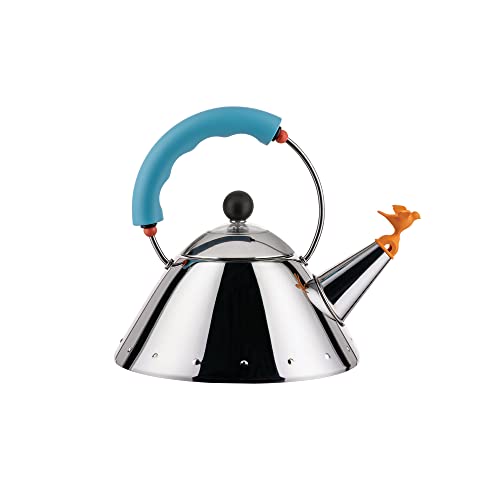 Alessi Kettle  Bollitore di Design, Adatto a Cottura ad Induzione, Fondo in Acciaio Inossidabile Lucido 18/10 con Manico e Fischietto a Uccellino in PA, Azzurro Chiaro, 100cl