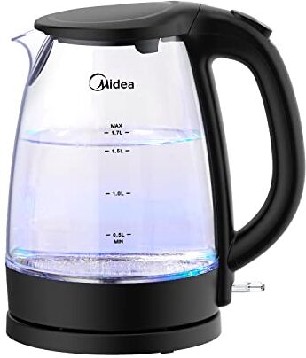 Midea Bollitore Elettrico,Kettle 1.7L,Bollitore Vetro senza BPA, con Indicatore a LED Blu, 2200W Rapida Ebollizione, Filtro Rimovibile,Cavo Raccoglibile,Spegnimento Automatico