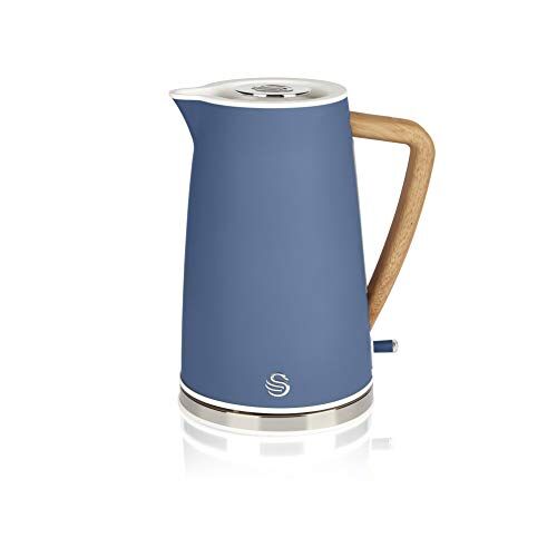 Swan Nordic Bollitore elettrico ultra veloce, senza fili, design moderno, 1,7 l, 2200 W, manico effetto legno, spegnimento automatico, blu opaco