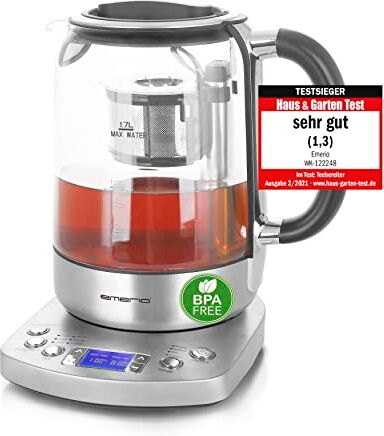 Emerio WK-122248 Bollitore in vetro con note 1.3, colino completamente automatico, in vetro borosilicato, senza BPA, volume 1,7 l, scelta della temperatura, 2200 Watt, nero/argento