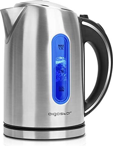 Aigostar King Bollitore Acqua Elettrico in Acciaio inox 100% con Indicatore illuminazione blu del livello dell'acqua, 2200 Watt, Capacità 1,7 litri, Spegnimento Automatico, Senza BPA