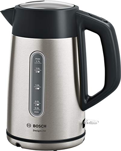 Bosch DesignLine Bollitore senza fili, beccuccio senza schizzi, indicatore del livello dell'acqua, protezione da surriscaldamento, 1,7 l, 2400 W, acciaio inox/nero