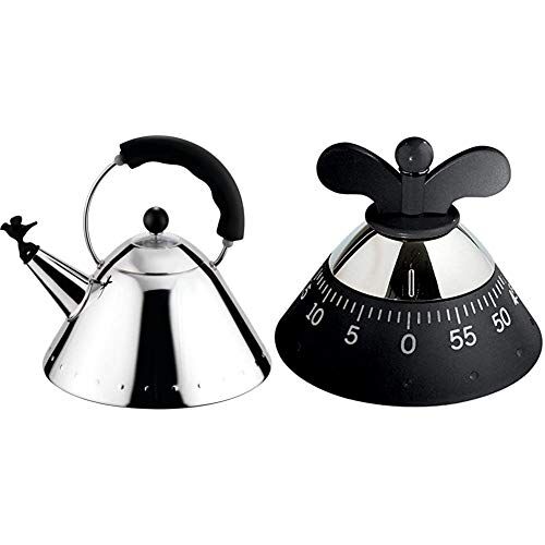 Alessi 9093 B Bollitore con Manico e Fischietto a Uccellino di Design in Acciaio Inox, Nero & Kitchen Timer A09 B da Cucina di Design con Movimento Meccanico in Resina Termoplastica, Nero