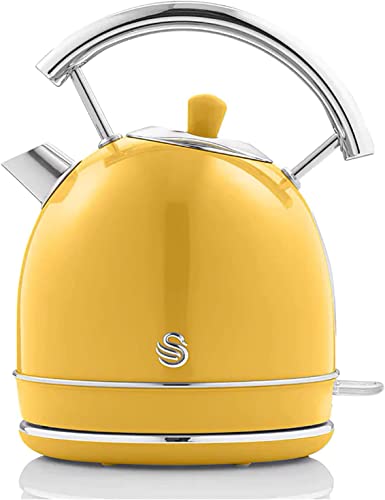 Swan Retro Bollitore Elettrico 1,8 Litri, Design Vintage, Spegnimento Automatico Controllore Strix, Senza Fili, Acciaio Inossidabile, senza BPA, 3000 W, Giallo