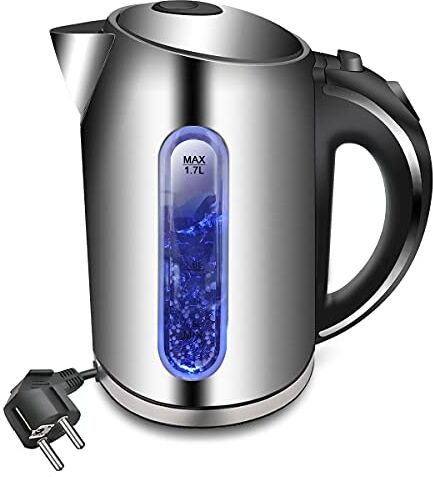 EXTRASTAR Bollitore Acqua Elettrico, Bollitore da 1,7L in inox con indicatore luminoso a LED blu,2200W, bollitore elettrico senza BPA con spegnimento automatico e protezione da bollitura a secco.