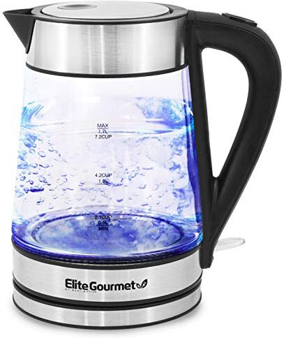 Elite Gourmet Bollitore elettrico in vetro senza BPA da 1,7 litri, base senza fili ruotabile a 360°, interno con LED blu, funzione di spegnimento automatico, acqua bollente rapidamente, acciaio inossidabile