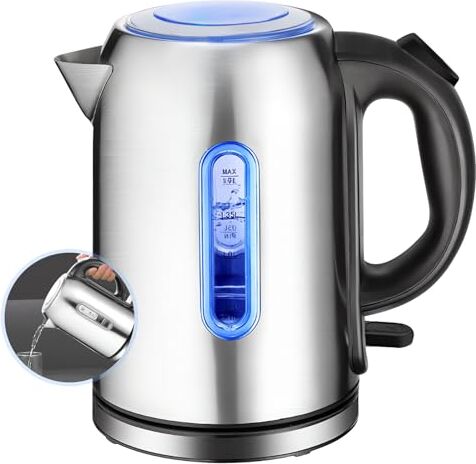 LuLuanping Bollitore Acqua Elettrico in Acciaio Inox Con Indicatore Illuminazione Blu Del livello dell'acqua, 2200 Watt Teiera, Capacità 1,7 litri, Spegnimento Automatico, Senza BPA, Base di Rotazione a 360°