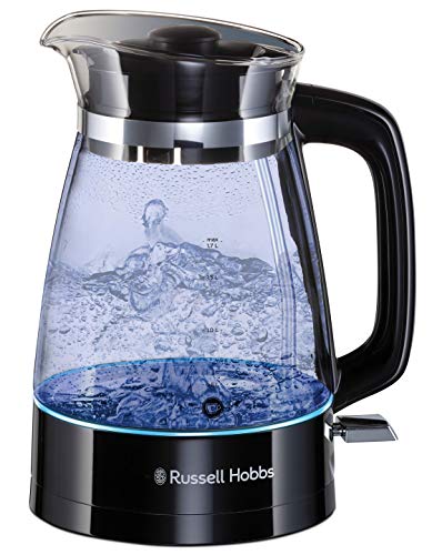 Russell Hobbs Bollitore Acqua Elettrico, Caraffa in Vetro, 1.7 L, 2400 W, Design Classico, Filtro Anticalcare rimovibile e lavabile, Luce Blu, Beccuccio anti goccia,Bollitore Classic Glass,