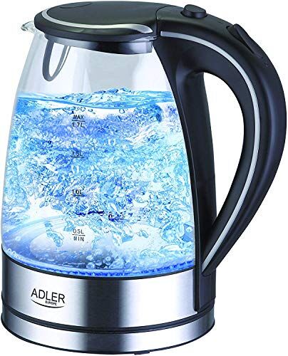 Adler AD1225 bollitore in vetro e acciaio inox con LED blu integrato   1,7 litri di capacità   Potente 2000 Watt   Té automatica   Bollitore elettrico design   con arresto automatico