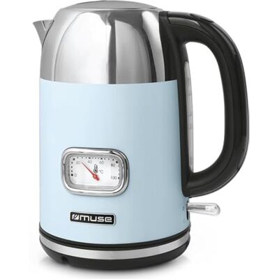 Muse Bollitore in acciaio inox retrò con indicatore di temperatura analogico, filtro lavabile, scala trasparente, capacità 1,7 l, spegnimento automatico, blu pastello Muse Bollitore in acciaio inox retrò con indicatore di temperatura analogico, filtro lavabile, scala trasparente, capacità 1,7 l, spegnimento automatico, blu pastello