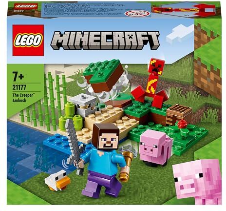 Lego Minecraft L'agguato del Creeper, Mattoncini da Costruzione con Steve e 2 Minifigure, Giochi per Bambini 7+ Anni