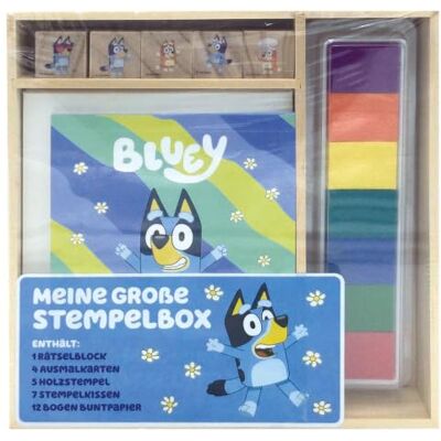 Panini Bluey: Meine große Stempelbox: Holzbox mit Rätselblock, 4 Ausmalkarten, 5 Holzstempel, 7 Stempelkissen und 12 Bogen Buntpapier Panini Bluey: Meine große Stempelbox: Holzbox mit Rätselblock, 4 Ausmalkarten, 5 Holzstempel, 7 Stempelkissen und 12 Bogen Buntpapier