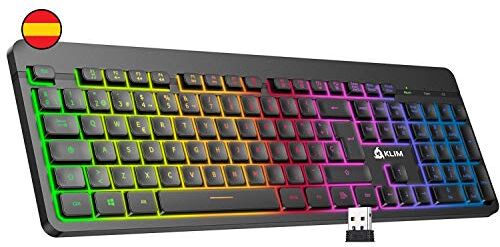 KLIM ™ Light V2 Tastiera Wireless ES + Sottile, Resistente, Ergonomica, Impermeabile, Silenziosa + Tastiera Gaming Retroilluminata per PC Mac PS4 Xbox One + Batteria a lunga durata + NUOVA Versione