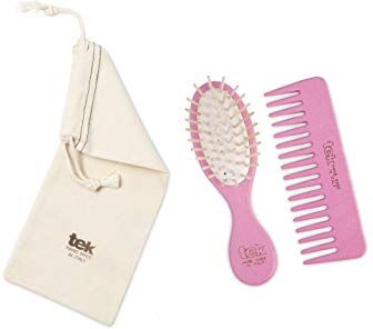 TEK Kit da Borsetta: Spazzola Ovale Piccola e Pettine Piccolo Rado Rosa con Custodia in Cotone, per Capelli Normali e Mossi, Handmade in Italy