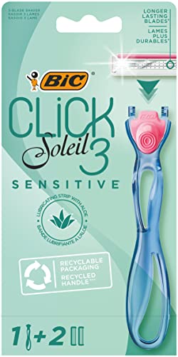 BIC Click 3 Soleil Sensitive Rasoio ricaricabile da donna, con manico in plastica riciclata al 30% e ricariche a 3 lame, confezione da 1 + 2