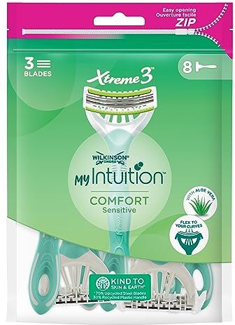 Wilkinson Sword MyIntuition Comfort Sensitive Xtreme 3 Rasoio Usa & Getta Rasoio a 3 Lame Flessibili per Donna Striscia Lubrificante con Aloe e Jojoba Confezione x8