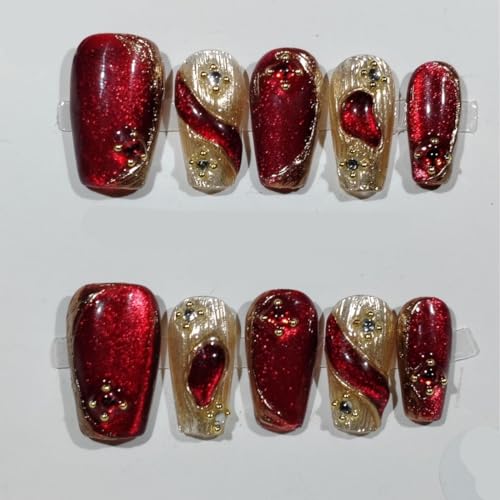 Generico Nail art fatto a mano Nuovo occhio di gatto rosso Capodanno Unghie finte lunghe Punte for unghie riutilizzabili Glitter a copertura totale (Color : L)