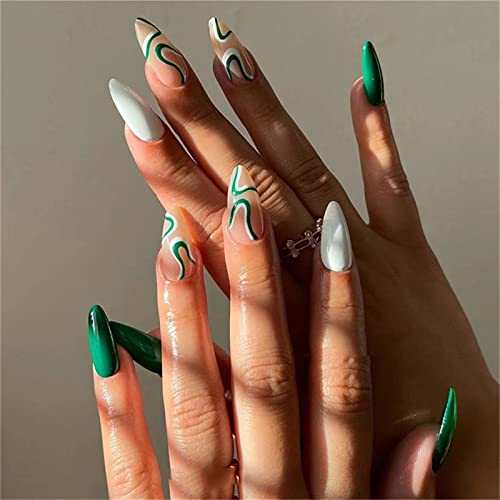 Generic Mandorla corta verde finta copertura completa per unghie con colla staccabile 24 pezzi punte per nail art per saloni di unghie e donne fai da te nail art