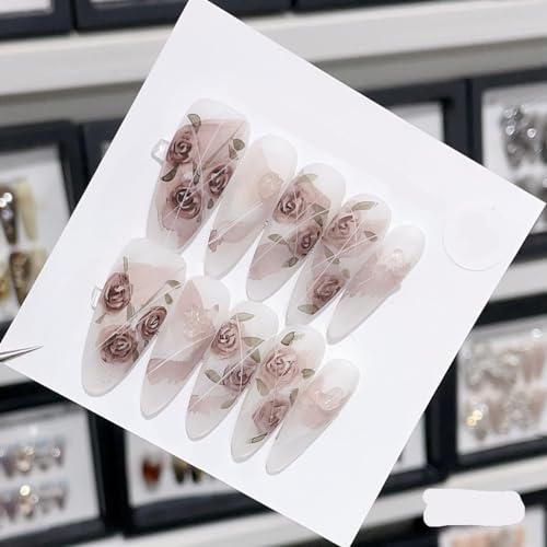 Generico Smalto for unghie fatto a mano, nail art a forma di becco d'anatra lungo con farfalla rosa carina, unghie finte riutilizzabili e staccabili, 10 pezzi (Color : 3250, Size : M)