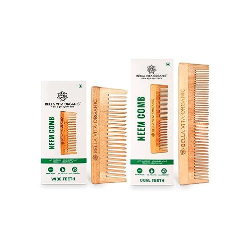 Blessfull Healing Pettine combinato in puro legno di neem biologico Bella Vita con denti doppi e larghi, pettine per acconciature, uso quotidiano, naturale ed ecologico, ideale per uomini e donne