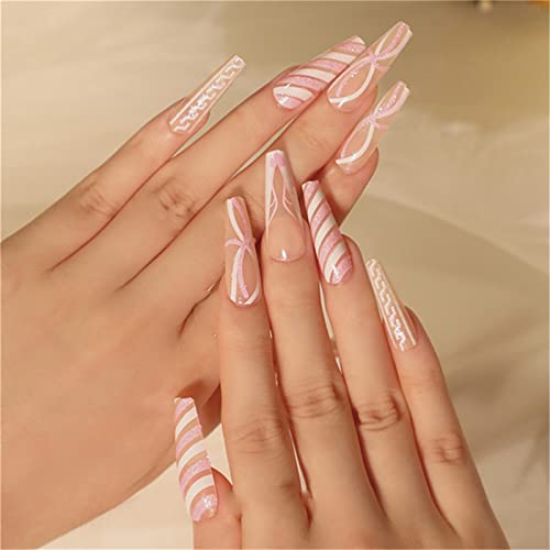 Generic Chiodo corto con mandorla finta copertura completa con colla staccabile rosa francese stampa natalizia sulle unghie, 24 pezzi punte per nail art per saloni di unghie e donne fai da te nail art