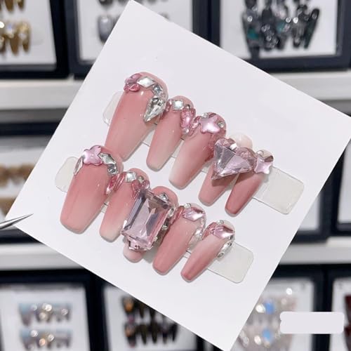 Generic Smalto per unghie fatto a mano, rosa carina farfalla lunga a forma di becco d'anatra nail art, riutilizzabili, unghie finte staccabili, 10 pezzi (colore: 3245, taglia: L)