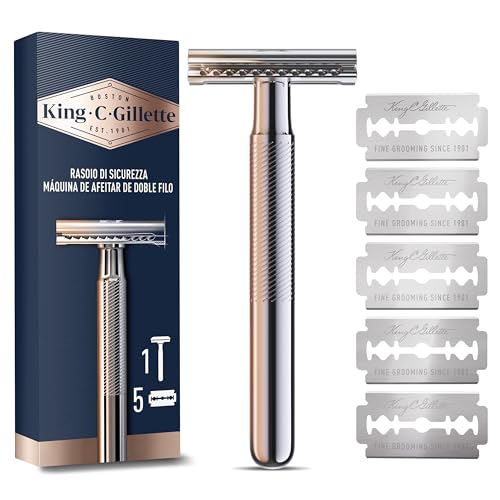 Gillette King C.  RASOIO di Sicurezza, 1 Manico, 5 Lamette da Barba, in Acciaio Inossidabile, Lametta rivestita di Platino IDEA REGALO UOMO PER CURA DELLA BARBA